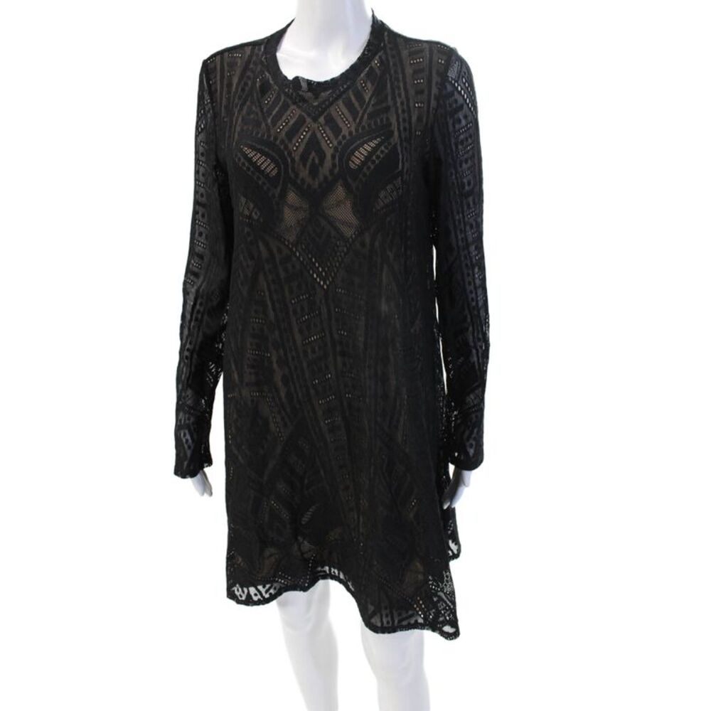 BCBG Max Azria Women Shift Dress Black Long Sleeve Aztec Size M